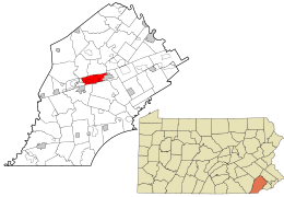 Location of Caln Township in Chester County (left) and of Chester County in Pennsylvania (right)