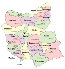 Location of Bonab County in East Azerbaijan province (bottom left, purple)