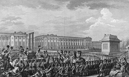 Die Hinrichtung Ludwigs XVI. auf der künftigen Place de la Concorde am 21. Januar 1793, rechts das Hotel de la Marine
