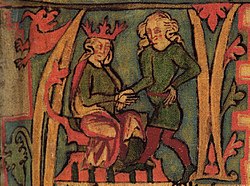Harald Fairhair of Norway receiving the kingdom of Norway from his father, Halfdan the Black.