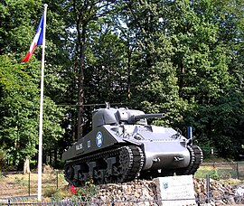A Sherman tank at the cross of Médavy