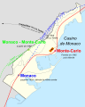 Railway stations in Monaco. The present-day station is indicated by light-green dots.