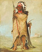Hó-ra-tó-a, a Crow warrior with headdress, bison robe, and hair reaching the ground. Painted by George Catlin, Fort Union 1832.