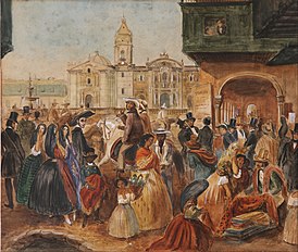 Lima’s Main Square in 1843 by Johann Moritz Rugendas. Lima Art Museum.[4]