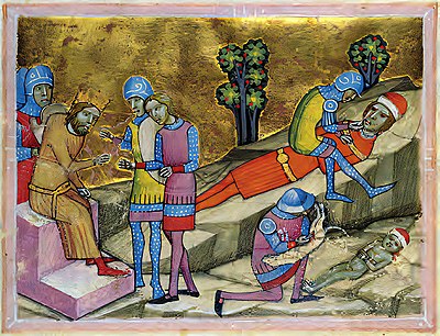 Chronicon Pictum, Hungarian, Hungary, King Coloman, Prince Álmos, Béla the Blind, Béla II of Hungary, soldiers, blinding, boy, dog castration, medieval, chronicle, book, illumination, illustration, history