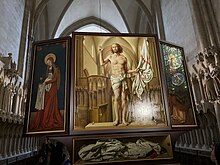 Der auferstandene Christus, dargestellt in der Architektur des Naumburger Westchores. Rückseite der „Sacra Conversazione“