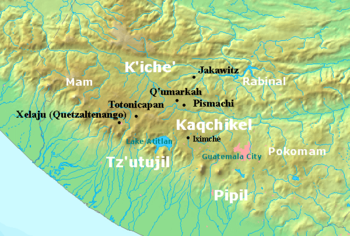 The highlands of Guatemala are bordered by the Pacific plain to the south, with the coast running to the southwest. The Kaqchikel kingdom was centred on Iximche, located roughly halfway between Lake Atitlán to the west and modern Guatemala City to the east. The Tzʼutujil kingdom was based around the south shore of the lake, extending into the Pacific lowlands. The Pipil were situated further east along the Pacific plain and the Pocomam occupied the highlands to the east of modern Guatemala City. The Kʼicheʼ kingdom extended to the north and west of the lake with principal settlements at Xelaju, Totonicapan, Qʼumarkaj, Pismachiʼ and Jakawitz. The Mam kingdom covered the western highlands bordering modern Mexico.