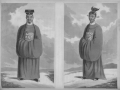 Mandarins of the Nguyen dynasty (circa 1820). The Mandarin on the left is a "man of letters", with a stork on his chest and the one on the right is a military Mandarin, signified by a boar.[18]