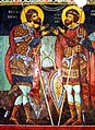 SS Theodore of Amasea (left) and Theodore of Heraclea (right) in a fresco at Kremikovtsi Monastery, Bulgaria (c. 16th cent.)