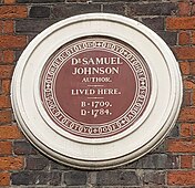 Society of Arts plaque on Samuel Johnson's house in Gough Square, London (erected 1876). Many of the early Society of Arts and LCC plaques were brown in colour.
