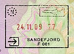 Entry stamp for air travel, issued at Sandefjord Airport in Norway