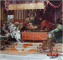 Painting of the story of Damocles by British artist Herbert Gandy, featuring a Damocles surrounded by beautiful servants, lavish foods, gold, and riches, yet worriedly gazing up at an unsheathed sword above his head