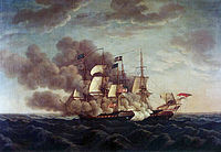 Guerrière (1800), the serving in the Royal Navy as HMS Guerriere, battling USS Constitution.