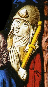Anna als Jakobspilgerin – Ausschnitt aus einem Buntglasfenster[Anm. 2]