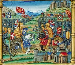 Two armies, one with the banners of Louis XI and one with the banners of the Duchy of Burgundy, fighting a pitched battle against each other