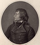 Black and white engraving shows a clean-shaven man with long hair in profile. He wears a dark military uniform with an embroidered collar.