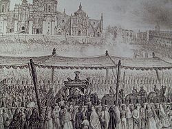 Transfer of the remains of Iturbide to the Metropolitan Cathedral of Mexico City. Lithography from Ignacio complement of 1849, published in the book "Description of the funeral solemnity funeral with which the remains of the hero of Iguala were honored."