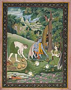 Indian, Rama, Lakshmana, and Sita Cooking and Eating in the Wilderness (c. 1820), gouache & gold on paper, 21.6 × 16.5 cm.