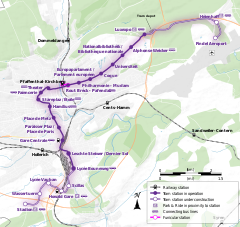 Map showing the planned route of the new tramline from Luxembourg airport to Cloche d'Or