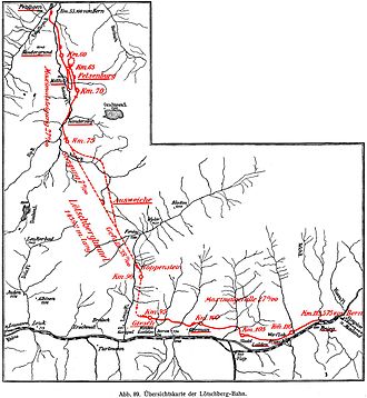 Outline map of the Lötschberg line between Spiez and Brig in Switzerland, showing the part from Frutigen to Brig. Note the double loop completed with a 270 degree spiral tunnel between Kandergrund and Felsenburg (ca. km 60 and 70) and the straight stretch of the Lötschberg tunnel between km 75 and 90.