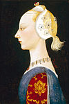A Young Lady of Fashion is attributed to the Florentine painter and mathematician Paolo Uccello and dates early 1460s. The young lady has plucked her hairline to increase the expanse, and thus elegance, of her forehead, and a lock of hair falls at the back in a ponytail. A tight-fitting cap covers her ears, a fashion possibly due to the prevalent belief of the time that the Virgin Mary conceived through the ear.[36]
