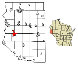 Location of River Falls in Pierce County and St. Croix County, Wisconsin.