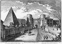 Giuseppe Vasi etching of Porta San Paolo and Pyramid of Cestius, in the 18th century.