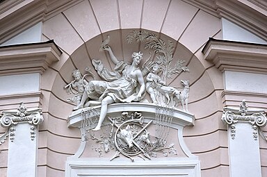 Rococo relief of Diana with two putti above the entrance of the Amalienburg, Munich, Germany, designed by François de Cuvilliés, 1734–1739
