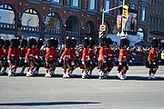 The Cameron Highlanders of Ottawa full dress uniform features a scarlet doublet and feather bonnet
