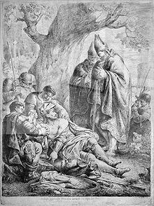 An engraving depicting a bearded middle-aged man dying on the ground before two bishops
