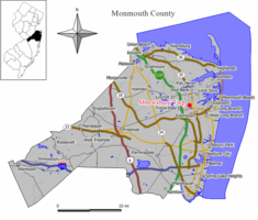 Location of Shrewsbury Township in Monmouth County highlighted in red (right). Inset map: Location of Monmouth County in New Jersey highlighted in black (left).