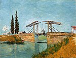 The Langlois Bridge, 1888. More or less a self-taught artist, Van Gogh's painting and drawing techniques are all but academic. Recent research has shown that works commonly known as "oil paitings" or "drawings" would better be called executed in "mixed-media", for example The Langlois Bridge still shows the highly elaborate underdrawing in pen and ink,[10] and several works from Saint-Rémy and Auvers hitherto considered to be drawings or watercolours turnt out to be painted in diluted oil and with a brush.[11]