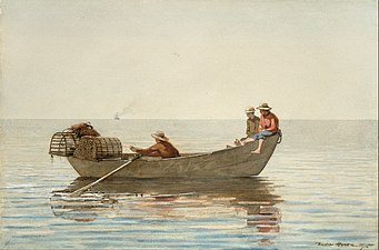 Three boys in a dory with lobster pots, 1875