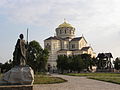 St. Vladimir's Cathedral in Chersonesus, with the statue of Saint Andrew in the foreground
