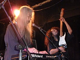 Higashi Hiroshi and Kawabata Makoto on stage with Acid Mothers Temple at the Night & Day Cafe in Manchester 21 Oct 2012