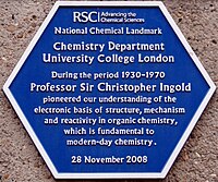 Royal Society of Chemistry plaque on the Chemistry Department of University College London, recording the work carried out there by Sir Christopher Ingold (erected 2008)