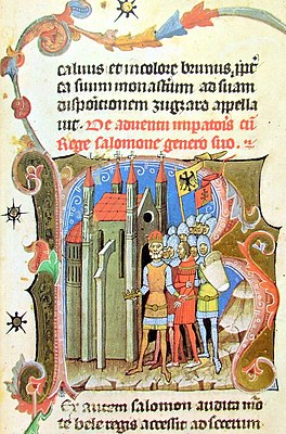 Chronicon Pictum, Hungarian, Hungary, King Solomon, Holy Roman German Emperor Henry IV, cathedral, church, basilica, flag, German eagle flag, Hungarian double cross flag, armored, knights, army, soldiers, medieval, chronicle, book, illumination, illustration, history