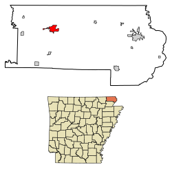 Location of Corning in Clay County, Arkansas.