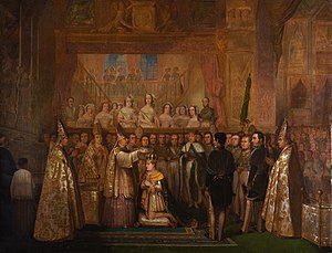 A painting depicting a kneeling man being crowned by a mitered bishop, and surrounded by clerics and uniformed courtiers with a crowd of onlookers in the background