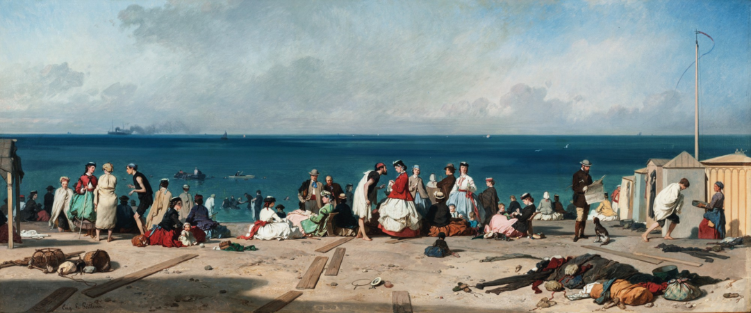 Les Bains de Mer, Plage d’Étretat (Sea Bathing, the Beach at Étretat), 1864, private collection. Figures identified in the painting include Guy de Maupassant (in blue cap at left), Charles Landelle (in red cap, center), and Bertall (reading newspaper at right). The rediscovered "lost" painting was auctioned at Sotheby's in Paris, 3 December 2020, for €226,800, a record for a work by Lepoittevin.[34]