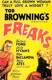 Film poster for 1932 film Freaks, with the tagline "Can a grown woman truly love a midget"?