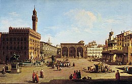 An oil painting of an 18th-century Italian cityscape, showing an everyday scene in a town square surrounded by large buildings