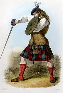 Romanticised Highland warrior with red-and-blue tartan small kilt, a targe, a basket-hilt broadsword, a fur vest, and a blue bonnet