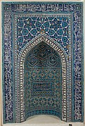 Mihrab (prayer niche); 1354–1355; mosaic of polychrome-glazed cut tiles on stonepaste body, set into mortar; 343.1 x 288.7 cm, weight: 2041.2 kg; from Isfahan (Iran); Metropolitan Museum of Art (New York City)