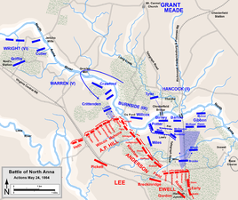 Actions on May 24: Ledlie attacks Ox Ford, Hancock attempts to advance against the eastern leg of the inverted "V"