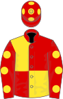 Red and yellow (quartered), red sleeves, yellow spots, red cap, yellow spots