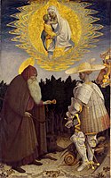 Mary above has a large aureole, St Anthony has a disk halo in perspective, but this would spoil the appearance of St George's hat. Pisanello, 1430s.