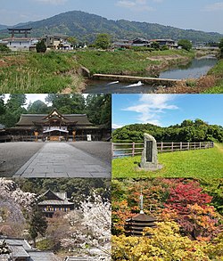 Top:A panorama view of Mount Miwa and Yamato River, Second:Ōmiwa Shrine, A heritage site of Hashihaka Tomb, Bottom:Hase Temple, Tanzan Shrine (all item from left to right)
