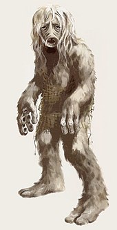 A drawing of a shaggy looking humanoid creature. It has a round mouth with small sharp teeth. The inside of the creature's fingers have suckers on them like an octopus.