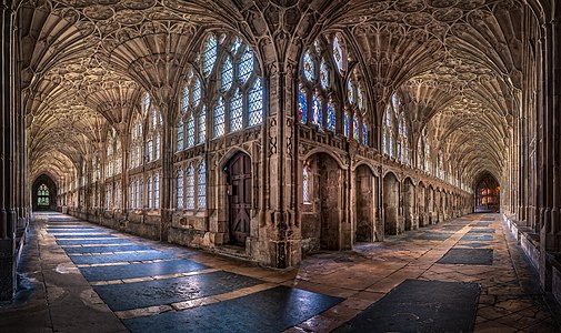 The Cloisters of Gloucester Cathedral, with the oldest surviving English fan vaults.